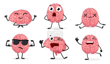 Ilustración vectorial de la emoción del cerebro de dibujos animados, conjunto de personajes lindos, aislados sobre fondo blanco