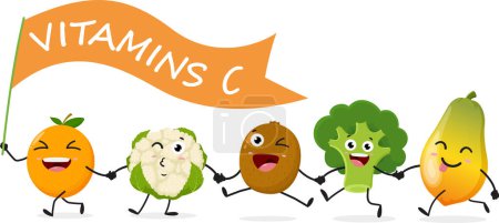 Téléchargez les illustrations : Illustration vectorielle de la caricature vitamine C Fruits et légumes, ensemble de personnages mignons, isolé sur fond blanc - en licence libre de droit