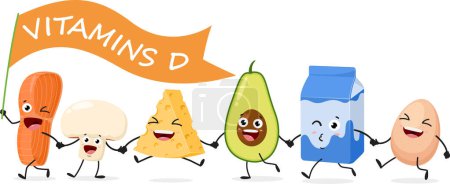 Téléchargez les illustrations : Illustration vectorielle de la caricature vitamine D Fruits et légumes, ensemble de personnages mignons, isolé sur fond blanc - en licence libre de droit