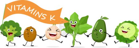Téléchargez les illustrations : Illustration vectorielle de la vitamine K de dessin animé de fruits et légumes, ensemble de personnages mignons, isolé sur fond blanc - en licence libre de droit