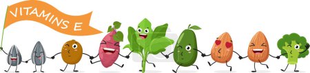 Téléchargez les illustrations : Illustration vectorielle de la vitamine E de dessin animé de fruits et légumes, ensemble de personnages mignons, isolé sur fond blanc - en licence libre de droit