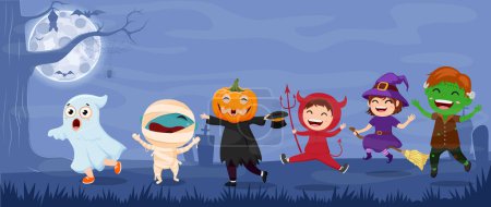 Vector Illustration of Halloween Kids Costume cartoon, isolated with moonlight background