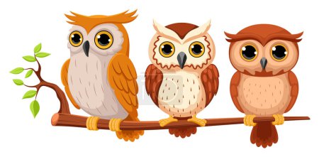 Téléchargez les illustrations : Illustration vectorielle d'oiseaux chouettes mignons dessin animé, chouettes drôles assis sur la branche de l'arbre - en licence libre de droit