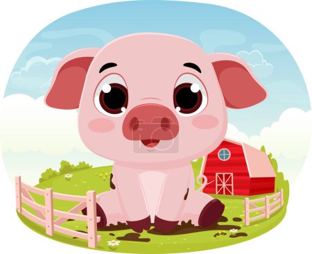 Vector Illustration of Cute Pig cartoon, farm animal with background