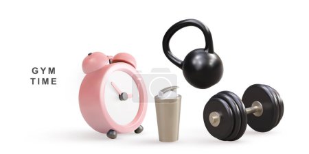 3d realistic clock, shacer, kettlebell and dumbbell - gym time concept. 