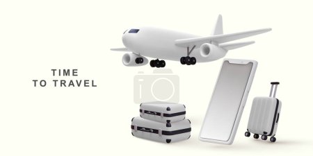 3d realistic Suitcase and plane. travel online booking service on mobile. 