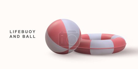 3D realistic beach ball and lifebuoy. Poster 652600068