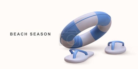Illustration for 3D realistic beach sneakers and lifebuoy. - Royalty Free Image