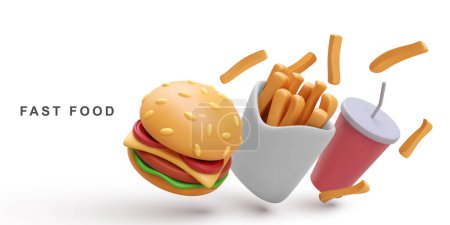 Illustration for 3d realistic burger and soda, fries potatoes. - Royalty Free Image