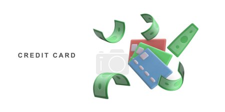 Tarjetas de crédito realistas 3D con dinero para pagos sin contacto, concepto de pago en línea.