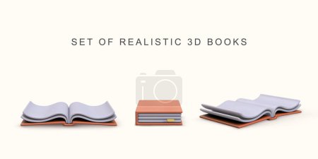 3d realistic set of realistic books on white background.
