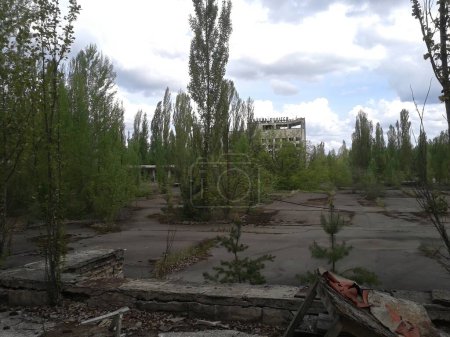 Ein eindringliches Bild der Stadt Pripjat, 37 Jahre nach der Reaktorkatastrophe von Tschernobyl, eingefroren in der Zeit. Die trostlosen Straßen, die von der Natur zurückerobert wurden, flüstern die feierliche Geschichte einer einst lebendigen Gemeinschaft, die heute in Stille gehüllt ist.. 