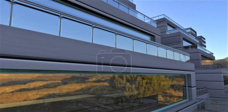 Photo for Development of a block in an eco-friendly mountainous region of Arizona with new high-tech buildings with metallized aesthetic facades. 3d rendering. - Royalty Free Image