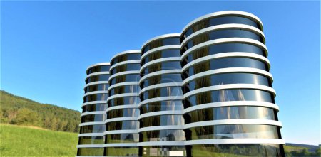 Several futuristic bulk storage silos. Concrete rings reliably withstand lateral loads. Durable aesthetic wall material. 3d rendering.