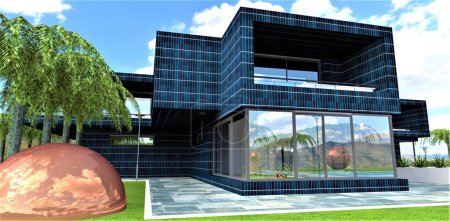 Photo for Solar panel as a finishing material of the suburban house walls. Good idea for energy independance of the contemporary dwelling. 3d rendering. - Royalty Free Image