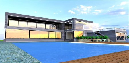 Photo for Blue amazing pool with decking and granite paving stoned around on the territory of the contemporary villa constructed in clean and ecological region. 3d rendering. - Royalty Free Image