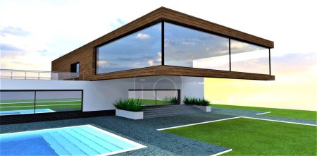 Photo for Facade board and large panoramic windows. Amazing design of a futuristic cottage with a cantilevered floor with a large overhang. 3d rendering. - Royalty Free Image