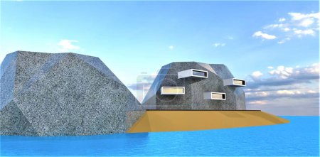 Foto de The concept of an observation post for the enemy fleet on an artificial island disguised as a granite rock. 3d rendering. - Imagen libre de derechos