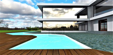 Individuell gestalteter Swimmingpool mit Tageslichtbeleuchtung im Hof eines Privathauses der Elite. Holzböden am Wasser entlang. 3D-Darstellung.