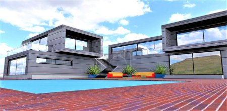 Téléchargez les photos : Red-blue brick as a paving stone next to the pool of a cozy family cottage finished with aluminum panels. 3d rendering. - en image libre de droit