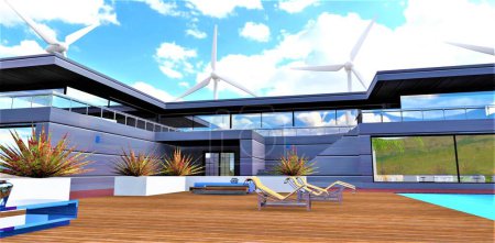 Téléchargez les photos : A wonderful recreational area in the courtyard of a chic modern estate with wind turbines on the territory to ensure the energy independence of the house. 3d rendering. - en image libre de droit
