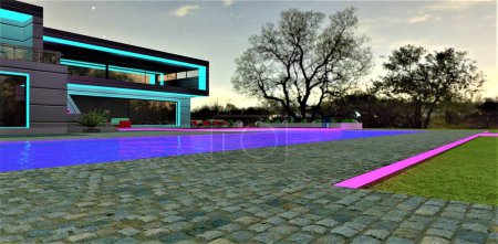Foto de Picturesque evening on the territory of the contemporary estate illuminated with different colours LED. Glowing surface of the stunning pool. 3d rendering. - Imagen libre de derechos