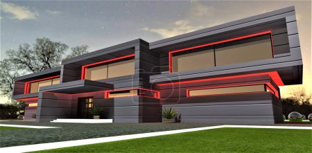 Concept of the stunning night illumination of the contemporary estate. White glowing curbs. View to the porch. 3d rendering.