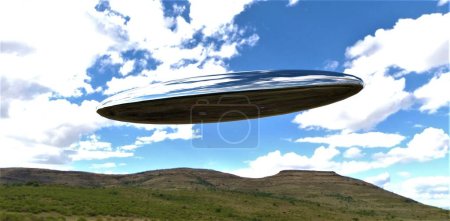 Snap of the UFO flying in the sky in the above the hilly landscape. Suitable illustration for the scientific magazines. 3d rendering.