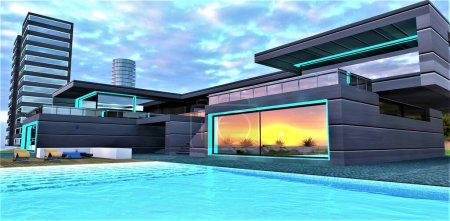Foto de Elite villa with swimming pool constructed in densely built-up area. Reflection of the dusk in large mirrored window. 3d rendering. - Imagen libre de derechos