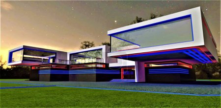 Kombination aus blauen und roten LED-Streifen als Dekor für die Nachtfassade der Vorortvilla, die in einer umweltfreundlichen Region errichtet wurde. 3D-Darstellung.