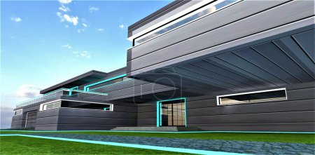 Foto de Day illumination of the porch and window frames of the contemporary country mansion designed by a team of young experienced engineers. 3d rendering. - Imagen libre de derechos
