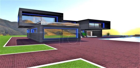 Téléchargez les photos : Elite suburban house with mountain sunset on the backspace. Minimalist style with day facade illumination. Red brick tile square with glowing white curb. 3d rendering. - en image libre de droit