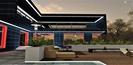 Photo for Comfortable sofa in the rest zone with decked floor in the yard of the upscale private mansion finished with solar panels at night. 3d rendering. - Royalty Free Image