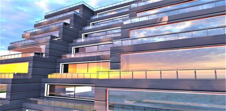 Téléchargez les photos : Des lueurs de soleil du lever du soleil se reflètent sur la façade d'un hôtel luxueux avec une finition extérieure métallique. rendu 3D. - en image libre de droit