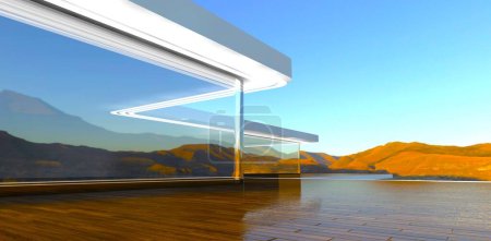 Photo for Concept of the rooftop terrace of the elite private mansion. Decked floor and panoramic glass facade reflecting mountains landscape. 3d rendering. - Royalty Free Image