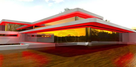 Photo for Night terrace of the stylish suburban house. Red illumination reflected of the decked floor. 3d rendering. - Royalty Free Image