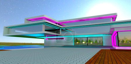 Photo for Trend design of the suburban elite property. Bright illumination of the glass facade. Starry mooney sky above. 3d rendering. - Royalty Free Image