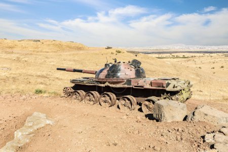 Photo for A Russian made Syrian tank destroyed during the Yom Kippur War is located in the Valley of Tears at the OZ 77 Tank Brigade Memorial on the Golan Heights in northern Israel - Royalty Free Image
