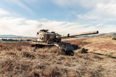 Photo for The remains of the Israeli tank destroyed during Yom Kippur War in Valley of Tears near OZ 77 Tank Brigade Memorial on the Golan Heights in northern Israel - Royalty Free Image