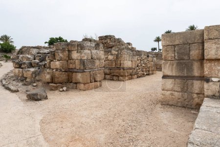 Photo for Remains of the Canaanite Palace inner walls at the excavation of the Canaanite Fortifications of the Megiddo site near Yokneam city in the northern Israel - Royalty Free Image