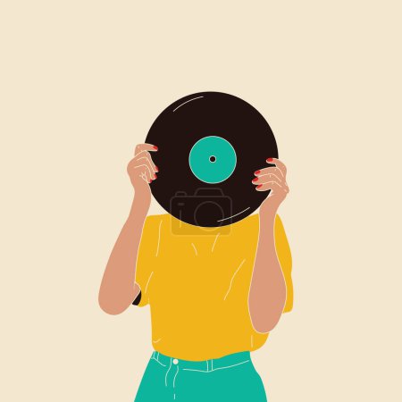 Illustration for Girl holds an old vinyl record in her hands .Retro fashion style from 80s. Vector illustrations in trendy colors. - Royalty Free Image