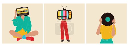 Illustration for Set of three Girl holds an old cassette, an old vinyl record, an old tv  in her hands .Retro fashion style from 80s. Vector illustrations in trendy colors. - Royalty Free Image