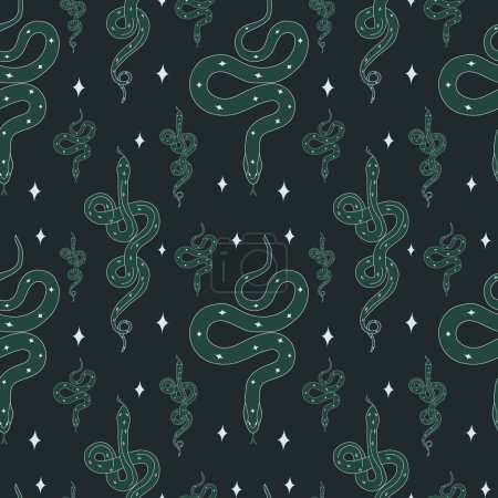 Téléchargez les illustrations : Modèle sans couture avec les Verts serpents animaux sauvages magiques. Vecteur dans le style de dessin animé - en licence libre de droit