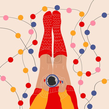 Illustration for Top view of female legs in Christmas socks, with a garland and with a cup of coffee - Royalty Free Image