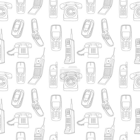 Seamless pattern with set of lines classic and modern telephones. 