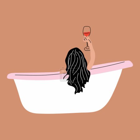 Téléchargez les illustrations : Femme prenant un bain moussant relaxant et buvant du vin rouge, vue latérale. Vecteur en style dessin animé. Tous les éléments sont isolés - en licence libre de droit