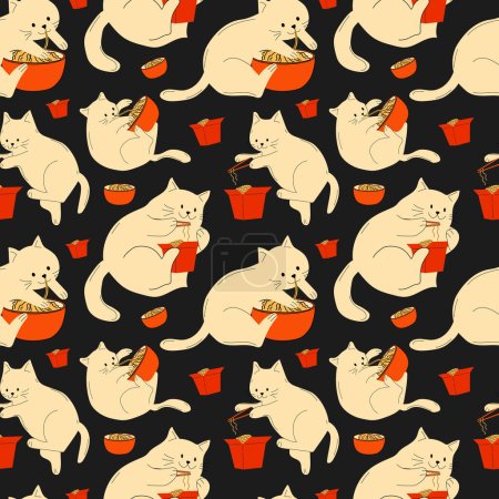 Seamless pattern with Cutest cats eating noodles and uses chopsticks. Ramen. Asian food.
