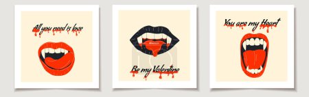 Set of Valentine's day Vampire mouth with fangs set. Closed, open female red lips with long pointed canine teeth and bloody saliva express different emotions. Kiss illustration.i Vector illustration