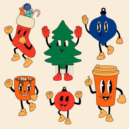 Merry Christmas retro collection cartoon mascot characters. Snowman, Christmas tree, socks, cup ,ball holiday elements. Old animation style. Vintage vector. Cheerful, happy emotions. Isolated