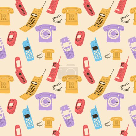 Seamless pattern with Set of classic and modern telephones. Hand drawn vector illustration.